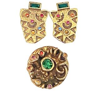 PATRICIA LOCKE Vintage Earrings Brooch Set Rhinestone Brass Clip on